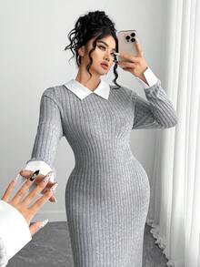 Elenzga Plus Size Elegant Long Sleeve Patchwork Collar Knit Split Dress - Grey - View 4