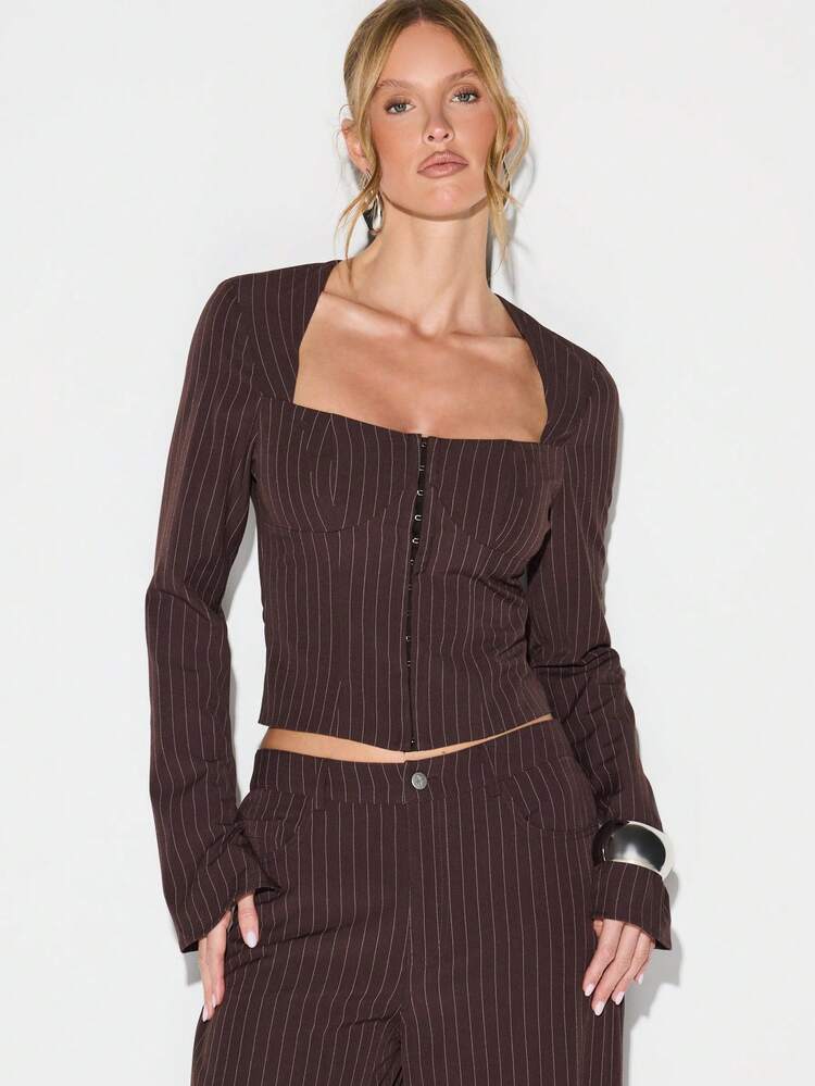 KIZN Flare Sleeve Pinstripe Square Neck Top