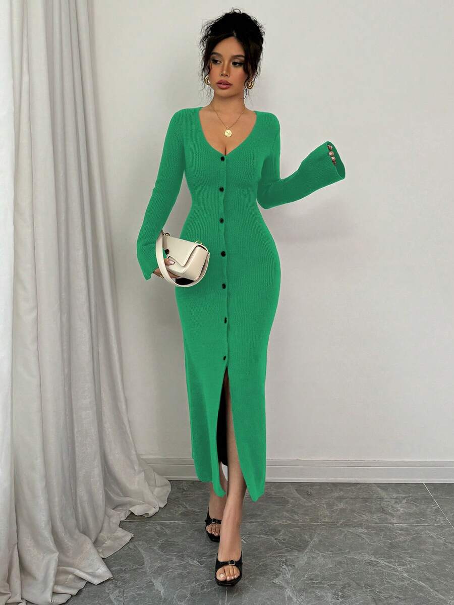 Elenzga Women's Front Button Flare Sleeve Fitted Knit Dress - Green - View 1