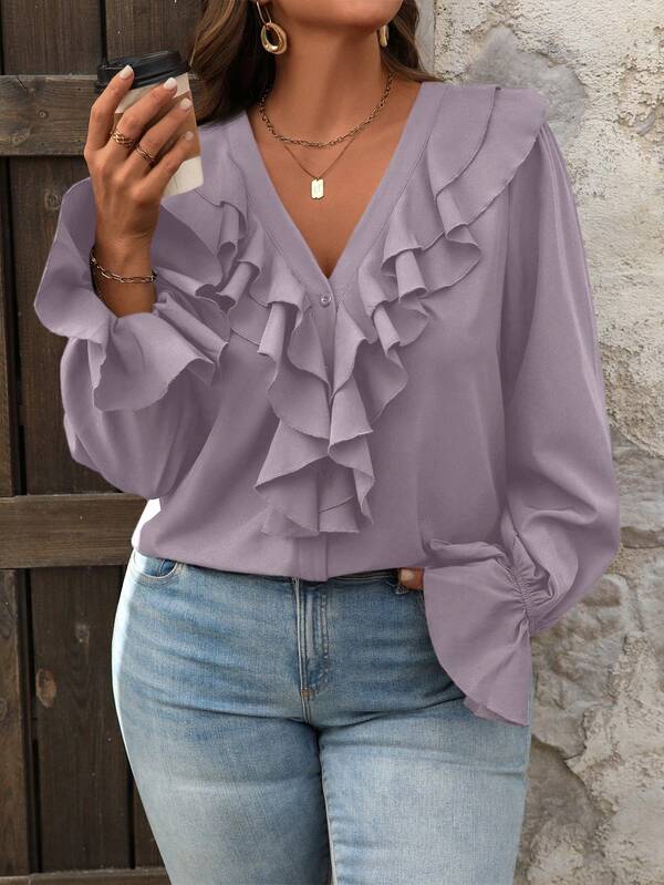 SHEIN VCAY Plus Size Casual Solid Color Ruffle Trim Shirt