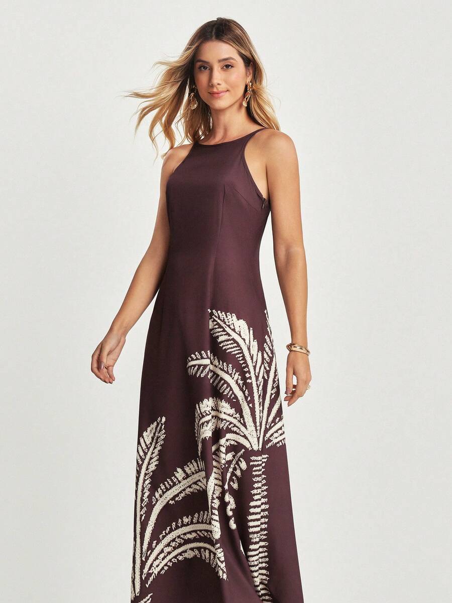 CAJUNI 休闲椰子树印花无袖连衣裙 - 棕色 - 查看 1