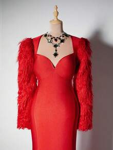 Viva Relle Plus Size Furry Sleeve Patchwork Dresswinter Christmas Summer Party Elegant New Year - Red - View 3