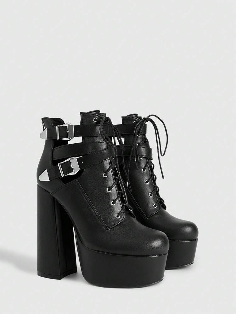 CUCCOO LuxiPop Botas de mujer de plataforma con puntera redonda, tacón alto grueso, impermeables, de piel de PU negra con hebilla decorativa, cómodas para uso diario, fiesta y banquete, con cremallera lateral