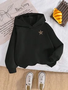 女童休闲时尚简约星豹纹印花卫衣，舒适套头衫，适合秋冬季节穿着，日常及派对皆宜，宽松版型设计 - 黑色 - 查看 2