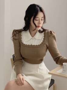 DAZY 法式彼得潘领层叠上衣，二合一泡泡袖毛衣，女款，秋冬 - 駝色 - 查看 7