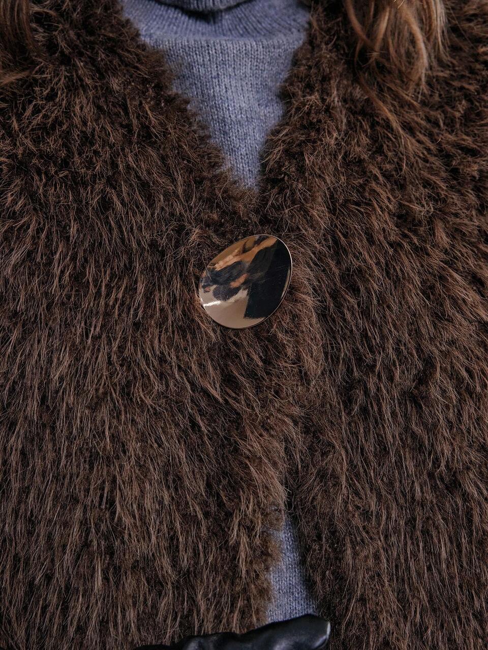 Women's Coffee Brown Faux Fur Coat,Winter Casual Elegant Occasion Sleeveless Open Front Mixed Texture Pockets,Warm Vintage Office Outerwear