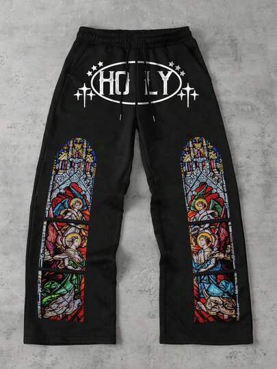 Street Life Men's Religious Letter & Portrait Print Drawstring Waist Casual Sweatpants