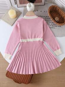 SHEIN Playful Pals Kleine Mädchen Farbblock Rundhals Langarm Plissee Saum Lässig Strickkleid, Herbst/Winter - Pink - Übersicht 2