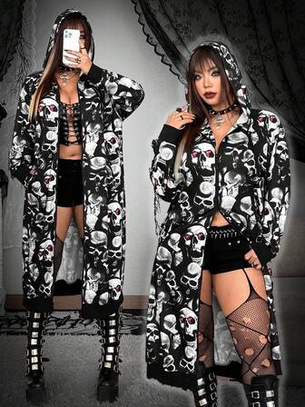 Whyspr Grunge Punk Plus Size Punk Skull Digital Print Long Sweatshirt