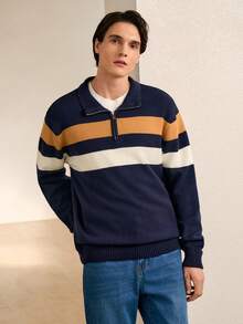 RONVEXI Pull décontracté à rayures color block pour hommes, automne/hiver, Top à manches longues - Multicolore - Voir 5