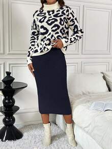 SHEIN LUNE 2pcs Leopard Print Fitted Elegant Knit Sweater Set - Navy Blue - View 4