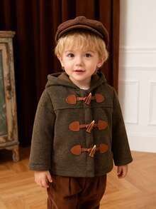 Toddler Boys' Fashionable Minimalist Military Green Patchwork Horn Button Long Sleeve Hooded Jacket, Vintage Versatile For Casual, Outdoor, School, Autumn/Winter - Dark Green - View 6