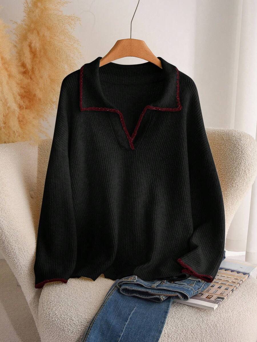 CosyJoli Plus Size Casual Color Block Trim V-Neck Pullover Sweater/Winter - Burgundy - View 1