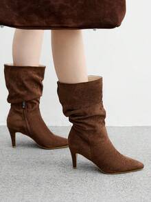 CUCCOO BIZCHIC Brown Pointed Toe Slip-On Ruched Suede Mid-Calf Boots, Fashionable High Heels, Comfortable & Versatile For Daily Commute For Christmas - Brown - View 3