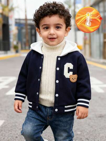 Sudadera con capucha azul marino para bebé niño, chaqueta de béisbol infantil con bordado de letra "C" y oso, diseño lindo y casual, cierre con botones, cómoda para actividades interiores y exteriores en otoño/invierno