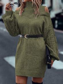 EMERY ROSE Casual Solid Color Off-Shoulder Stand Collar Knit Dress, Autumn/Winter - Army Green - View 5