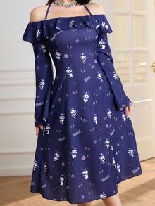 HELLO KITTY AND FRIENDS | SHEIN Women's Elegant Off Shoulder Ruffle Sleeve Belted Floral Print Dress, Suitable For Spring And Autumn Off Shoulder Dresses For Woman Blue Flower Dress Blue Off Shoulder Dress Women Blue Dress - Purple - View 5