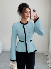 Elenzga Women's Elegant Round Neck Front Button Design Contrast Color Sweater - Blue - View 3