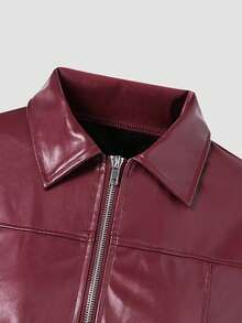 SHEIN Teen Girl Solid Color PU Leather Zip-Up Jacket, Autumn - Red - View 4
