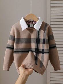 SHEIN Young Boy Striped Long Sleeve Casual Sweater, Autumn/Winter Boys Autumn Winter Sweater Boys Knitwear Boys Sweater Cotton Winter Sweaters For Kids Boys Clothes Winter - Khaki - View 8