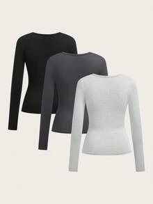 SHEIN EZwear Set de 3 camisetas de manga larga de corte ajustado con escote en V profundo, adecuado para otoño/invierno - Multicolor - Ver 2
