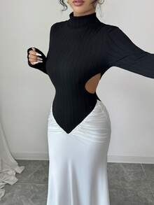 Rafferiza 女式拼色纹理立领短款腰部鱼尾下摆长袖连衣裙 - 黑與白 - 查看 7