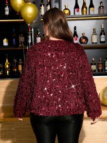 Gownix 大码女式蓬松亮片外套，适合秋冬季外出和派对，酒红色流苏夹克，钩针开衫，粗花呢外套，女士品酒会服装，酒庄服装，女士冬季外套，女士冬季服装，冬季圣诞服装，女士圣诞服装，新年服装，新年感恩节服装，女士感恩节婚礼礼服 - 酒紅色 - 查看 3