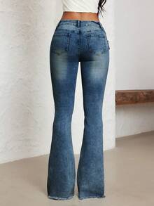 SHEIN Tall 休闲水洗低腰修身喇叭牛仔裤 - 深色水洗藍 - 查看 2