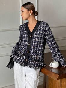 Livesso 女士格子印花V领纽扣长袖休闲常规外套，秋季女式外套 - 黑色 - 查看 6