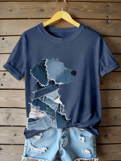 EMERY ROSE 复古拼布小狗图案 T 恤，女式休闲圆领短袖上衣，适合日常穿着