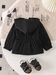 Chaqueta con capucha de manga larga con estampado de letras y decoración de lazo, estilo minimalista para niñas bebé - Negro - Ver 2
