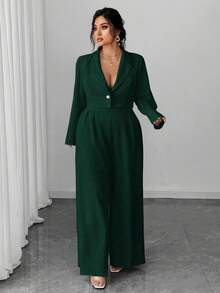 Elenzga Bộ 2 món áo khoác blazer công sở thanh lịch tối giản dành cho nữ cỡ lớn kèm áo liền quần ống rộng không tay thắt eo - Màu xanh lá cây đậm - Xem 6