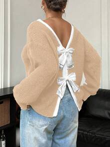 Elenzga Plus Size Women Casual Bowknot Crew Neck Long Sleeve Sweater, Autumn/Winter - Apricot - View 2