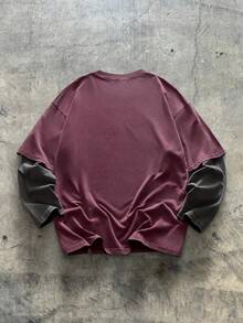 AXEPEAK 男士时尚休闲宽松长袖T恤，带英文文字和图案印花，针织日常穿着，夏季 - 紅色 - 查看 2