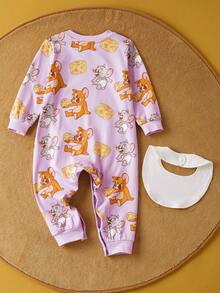 TOM & JERRY X SHEIN 2pcs Baby Girl Cute Cartoon Pattern Crew Neck Long Sleeve Knit Jumpsuit And Bib Sleepwear Set - Multicolor - View 2