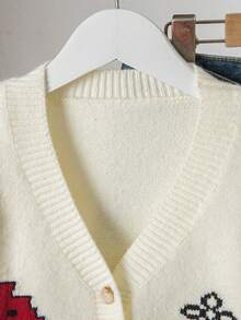 SHEIN Girls & Teens' Jacquard Knit Cardigan, V-Neck Button Contrast Color Long Sleeve, Apricot Cartoon Face & Letter Jacquard Pattern, Casual Loose Street Style Knitted Outerwear Cute Cardigan Children Cardigan Button Up Sweater Tween Sweater Kids Clothes - Beige - View 7