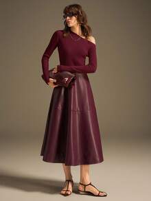 Ontre 女士纯色不对称肩部修身针织上衣，酒红色，适合工作、休闲、派对、情人节等多种场合