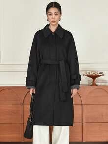 Dazy-Less 女士优雅时尚厚款长款羊毛混纺大衣，商务休闲，秋冬