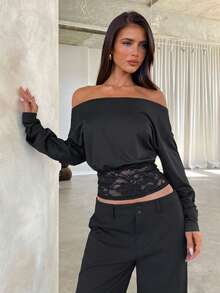 Aloruh Women's Off-Shoulder Long Sleeve Contrast Lace Fashion T-Shirt,Black Top,Sexy Top