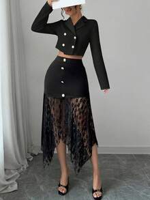 Elenzga Ensemble tailleur élégant à contraste de dentelle pour femmes, automne - Noir - Voir 1