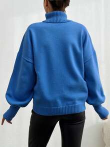 EURMUSE Women's Solid Color Drop Shoulder Long Sleeve High Neck Floral Mesh Sweater, Autumn/Winter - Baby Blue - View 2