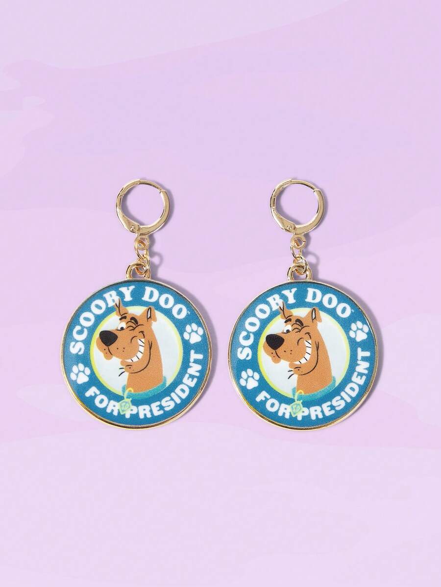 SCOOBY-DOO X SHEIN 1 par de pendientes colgantes con diseño de letra y perro de moda - Dorado - Ver 1