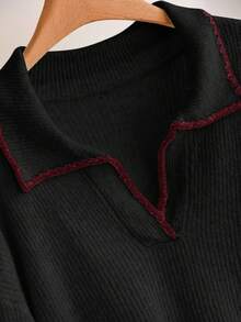 CosyJoli Plus Size Casual Color Block Trim V-Neck Pullover Sweater/Winter - Burgundy - View 4