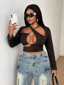 Maweii 大码女式性感交叉不对称长袖T恤 - 咖啡棕 - 查看 3