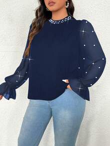 Vionelle Blusa de manga larga con volantes de parche de gasa y decoración de perlas, elegante y romántica para fiestas - Azul Marino - Ver 5