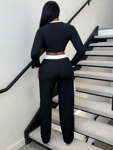 Alexandranx 2 件女式秋季撞色修身长袖上衣和裤子套装 - 黑與白 - 查看 2