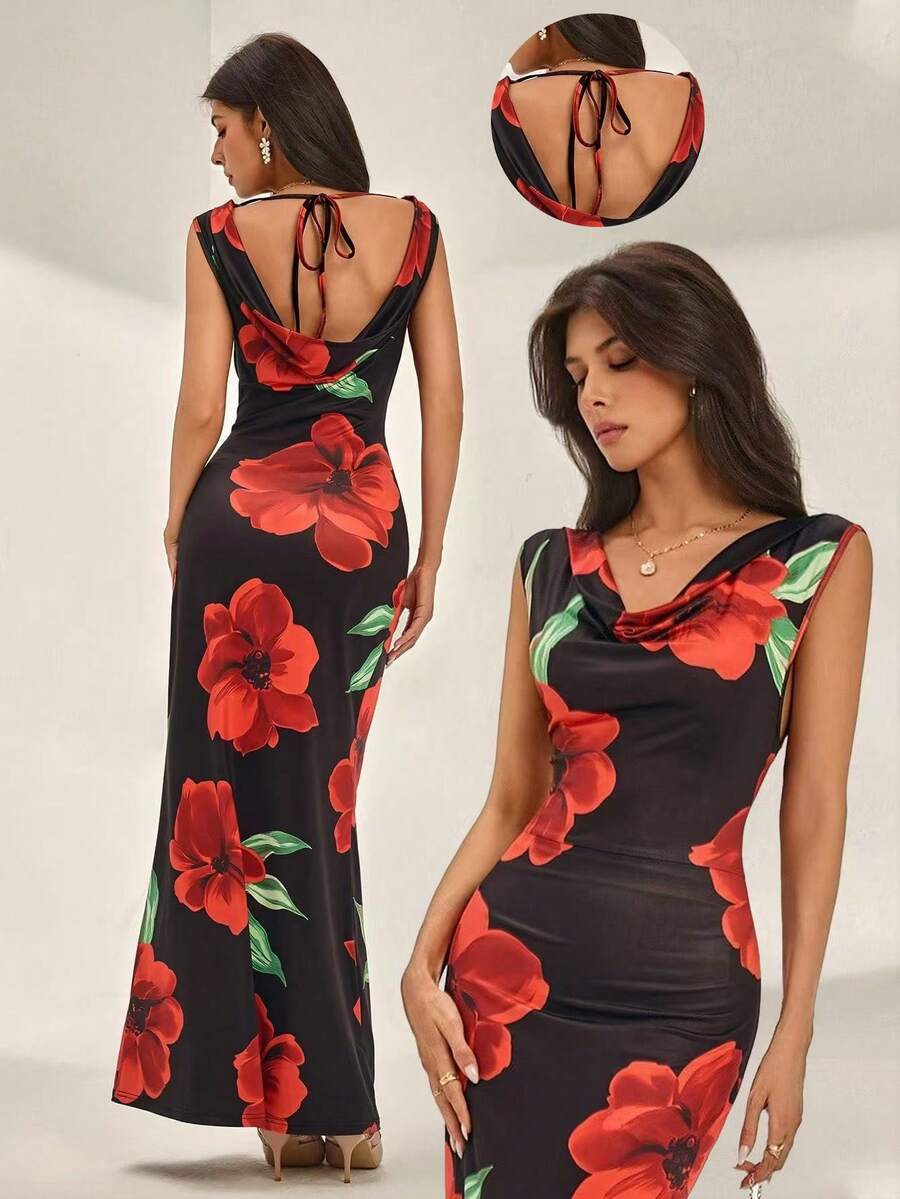 SHEIN Unity 女式撞色花卉印花低胸无袖性感连衣裙 - 黑色 - 查看 1
