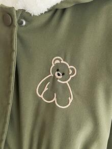 Young Girl' Winter Thermal Lined Hooded Sweatshirt With Cartoon Bear Embroidery, Waist Drawstring, Slim Fit - Army Green - View 4