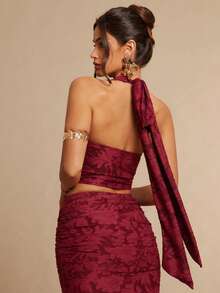 Silquee Women's Floral Textured Lace-Up Backless Camisole,Elegant Burgundy Top,Summer Vacation Party Shirt For ,Nightclub,Wedding,Halloween,Red - Burgundy - View 2