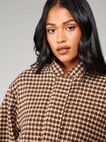 MISSGUIDED Classic Houndstooth Pattern Cropped Jacket Button Front Fall Winter Outerwear - Brown - View 7